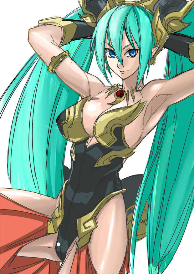 1girl aqua_hair armpits arms_behind_head benten_(cho_aniki) blue_eyes breasts cho_aniki cho_aniki_zero female_focus harem_pants headgear large_breasts leotard long_hair pants pointy_ears sideboob smile solo tetsu_(kimuchi) twintails very_long_hair