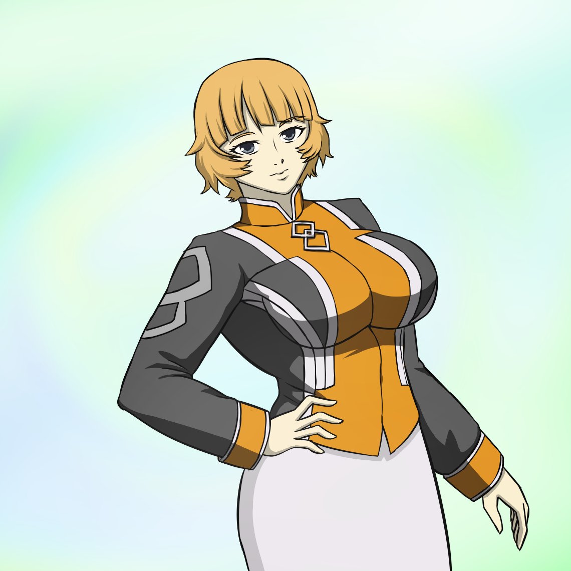 1girl artist_request blonde_hair breasts chaldea_logo chaldea_uniform fate/grand_order fate_(series) grey_eyes hand_on_own_hip large_breasts looking_at_viewer short_hair sylvia_(fate)