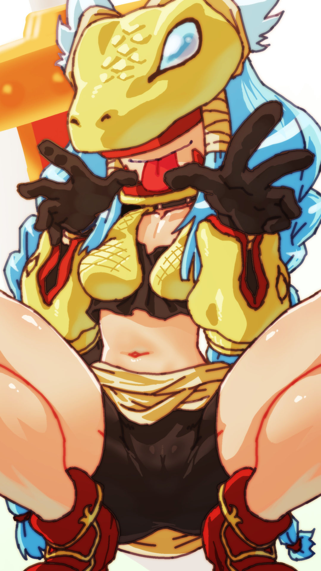 1girl ankle_boots arm_armor bike_shorts black_gloves black_tube_top blue_hair boots braid breasts collarbone commentary_request commission covered_eyes digimon digimon_(creature) gerusyu gloves hair_ribbon helmet helmet_over_eyes highres huge_weapon long_hair midriff minervamon navel pixiv_commission red_boots ribbon simple_background small_breasts snake_mask solo spread_legs squatting strapless sword tongue tongue_out tress_ribbon tube_top twin_braids very_long_hair waist_cape weapon white_background winged_helmet