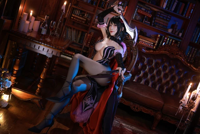 1girl aqua28551264 black_dress black_hair black_panties bookshelf braid braided_ponytail breasts cleavage cosplay dress elsa_granhilte japanese_(nationality) knife kukri large_breasts library lipstick makeup medium_breasts navel panties pantyhose photo_(medium) purple_eyes re:zero_kara_hajimeru_isekai_seikatsu underwear