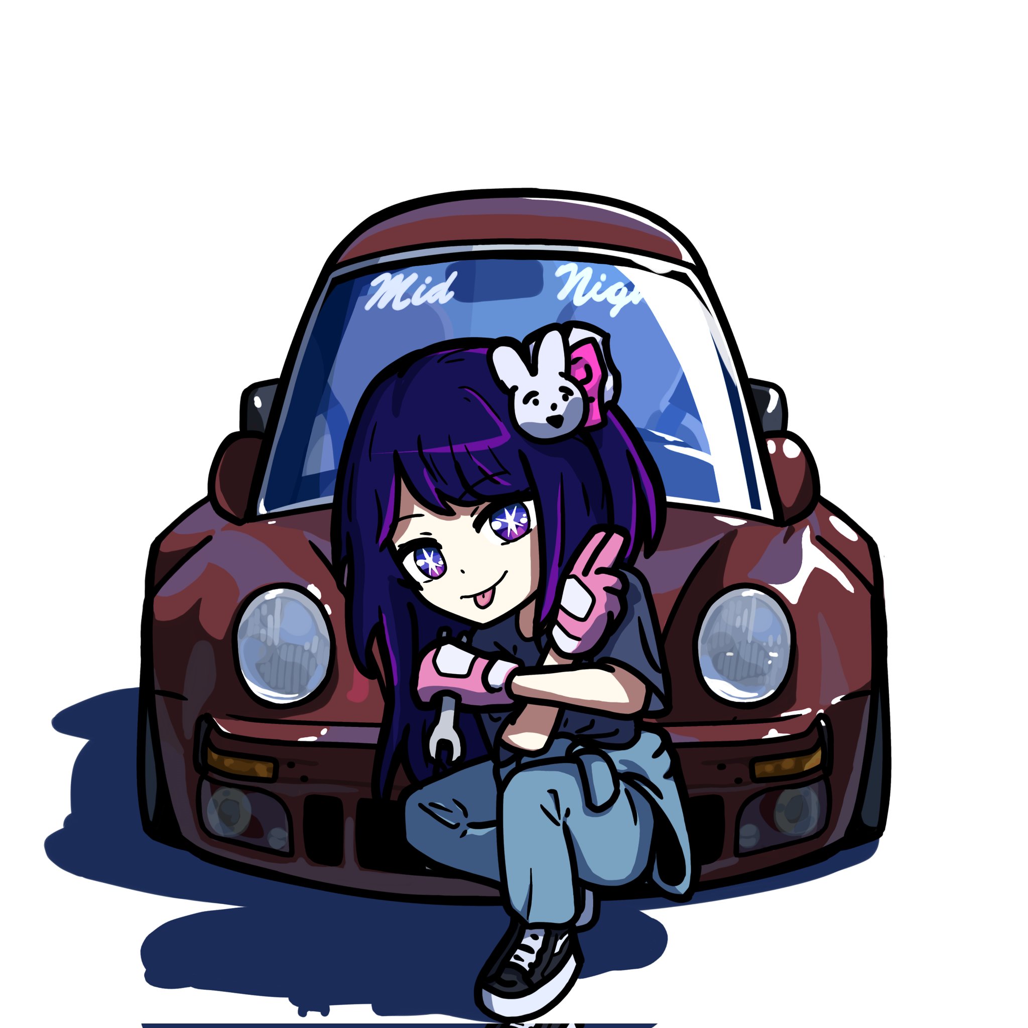 +_+ 1girl black_shirt blue_pants car commentary corrupted_twitter_file duz english_commentary gloves hair_ornament highres holding holding_wrench hoshino_ai looking_at_viewer midnight_club_(street_racing) motor_vehicle oshi_no_ko pants pink_gloves porsche_911 porsche_930 purple_eyes purple_hair rabbit_hair_ornament shadow shirt simple_background smile solo sports_car squatting tongue tongue_out white_background wrench