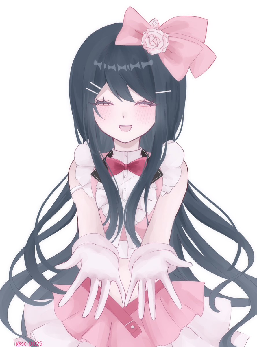 1girl :d bare_shoulders blush bow bowtie closed_eyes danganronpa:_trigger_happy_havoc danganronpa_(series) facing_viewer frills hair_bow idol maizono_sayaka official_alternate_costume open_mouth pink_bow pink_skirt red_bow red_bowtie shirt simple_background skirt smile solo white_background white_shirt xiang_gong