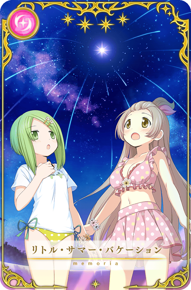 2girls aqua_ribbon artist_request azumi_hagumu azumi_hagumu_(swimsuit_costume) bangs_pinned_back bare_arms bare_shoulders beach bikini bikini_skirt bow bracelet brown_hair card_(medium) cloud cowboy_shot dot_nose flower flower_bracelet flower_brooch forehead forest frilled_bikini frills game_cg green_eyes green_hair hair_bow hair_flower hair_ornament hairclip hand_on_own_chest jewelry light_blush long_hair looking_up magia_record:_mahou_shoujo_madoka_magica_gaiden mahou_shoujo_madoka_magica meteor_shower miniskirt miyabi_shigure miyabi_shigure_(swimsuit_costume) multiple_girls nature night night_sky official_alternate_costume official_art open_mouth outdoors picture_frame pink_bikini pink_bow pink_flower pleated_skirt polka_dot polka_dot_bikini ribbon shirt short_hair_with_long_locks short_sleeves skirt sky star_(sky) star_(symbol) starry_sky stomach surprised swimsuit t-shirt tareme translated very_long_hair waist_ribbon white_flower white_shirt yellow_bikini yellow_eyes