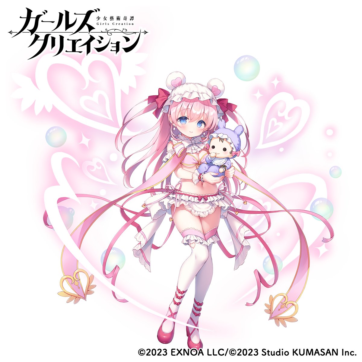 animal_ears apron bear_ears blue_eyes bow breasts character_request cleavage closed_mouth commentary_request fake_animal_ears frilled_thighhighs frills full_body girls_creation hair_between_eyes hair_bow heart highres long_hair medium_breasts official_art pink_hair red_bow red_footwear shoes smile standing standing_on_one_leg thighhighs two_side_up usashiro_mani very_long_hair white_apron white_background white_thighhighs