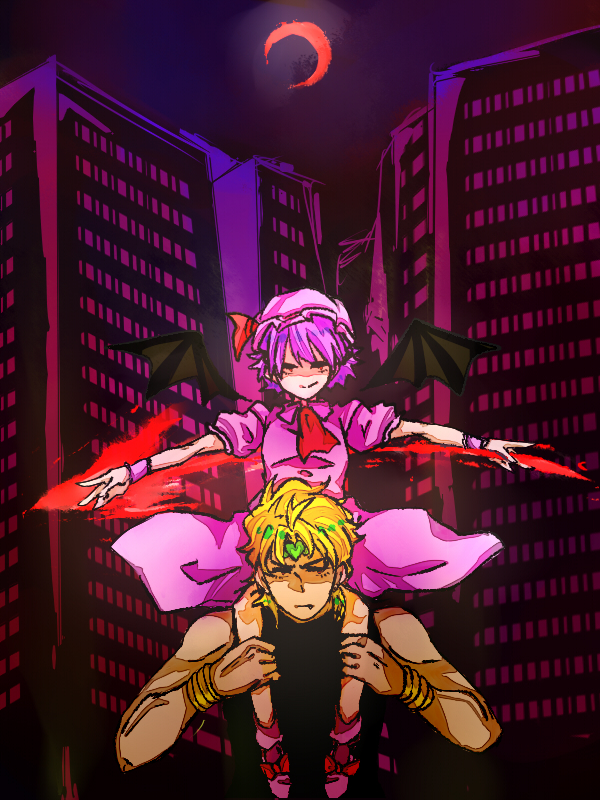 1boy ascot ayacanon122 bat_wings black_leotard blonde_hair bow carrying carrying_person city commentary_request crescent_moon crossover dio_brando dress footwear_bow gold_armlet gradient_background hat hat_ribbon headband heart holding holding_polearm holding_weapon jojo_no_kimyou_na_bouken leotard looking_at_viewer m.u.g.e.n mob_cap moon night pink_dress pink_hat polearm puffy_sleeves purple_hair red_ascot red_eyes red_moon remilia_scarlet ribbon short_hair sitting sitting_on_person sitting_on_shoulder sleeveless smile spear_the_gungnir stardust_crusaders touhou weapon wings wrist_cuffs