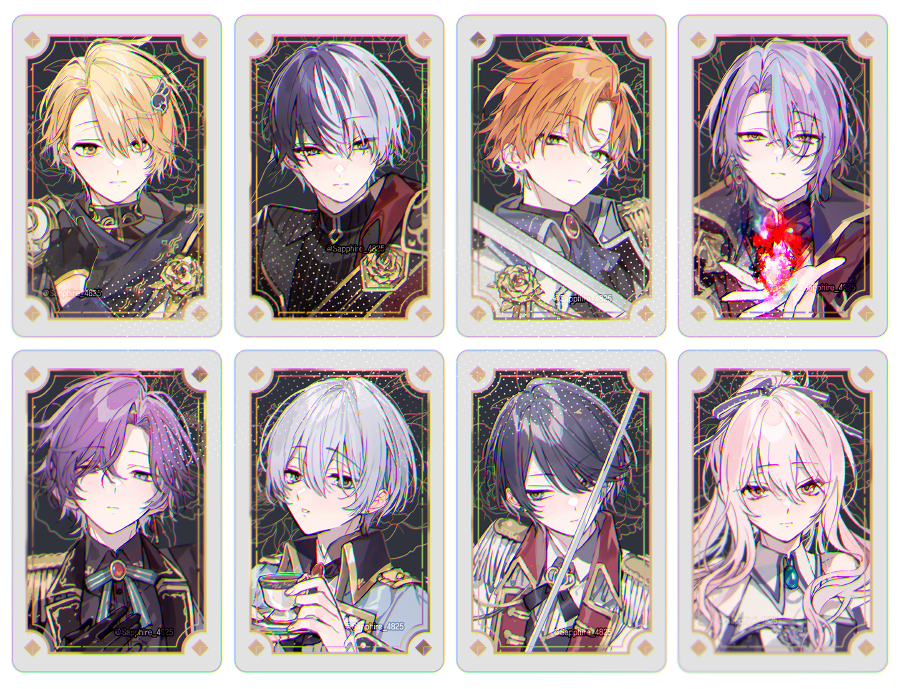 1other 3girls 4boys akiyama_mizuki aoyagi_touya asahina_mafuyu black_gloves blonde_hair blue_eyes blue_hair blue_ribbon closed_mouth coat cross_tie cup epaulettes gloves gold_trim golden_rose green_eyes hair_ribbon hand_up holding holding_cup holding_saucer hoshino_ichika_(project_sekai) kaitou_shinshi_no_harahara!?_white_day_(project_sekai) kamishiro_rui long_hair looking_at_viewer monocle multicolored_hair multiple_boys multiple_girls neck_ribbon never_give_up_cooking!_(project_sekai) orange_hair parted_bangs pink_eyes pink_hair project_sekai purple_hair relax_teatime_(project_sekai) ribbon sapphire_(nine) saucer shinonome_akito short_hair split-color_hair streaked_hair sword teacup tenma_tsukasa weapon white_coat white_hair yellow_eyes yoisaki_kanade