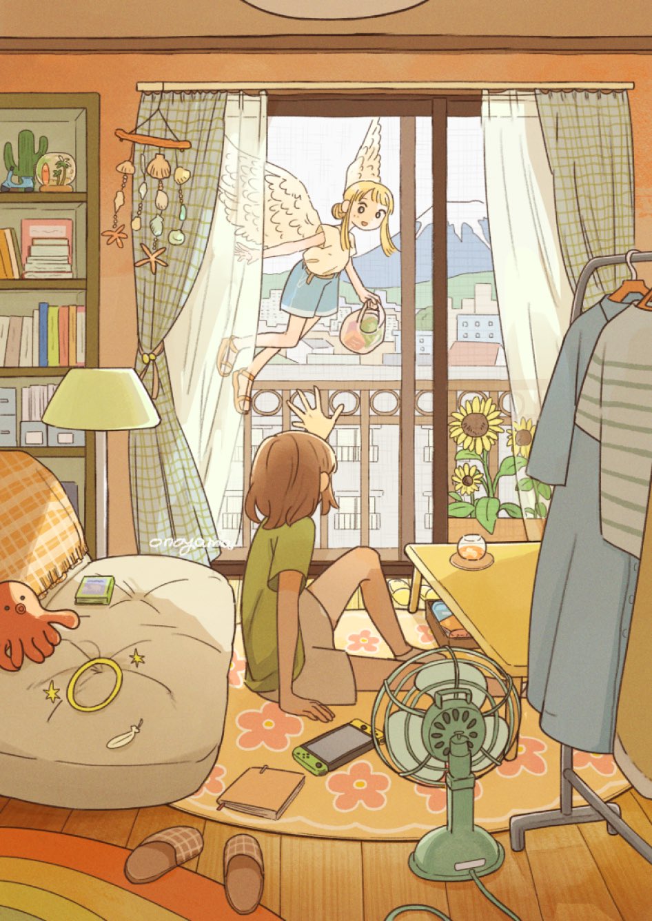 2girls angel artist_name bag belt blonde_hair blue_shorts book bookshelf brown_hair brown_shorts cactus city coaster commentary cup curtains day drinking_glass electric_fan feathered_wings floor_lamp flower flying green_shirt hair_bun hand_on_ground handheld_game_console highres holding holding_bag indoors lamp long_hair looking_at_another medium_hair multiple_girls no-show_socks on_floor onoyama_(machikz1) open_door open_mouth original porch railing rug sandals shirt shorts sidelocks single_hair_bun sitting slice_of_life sliding_doors slippers snow_globe sparkle stuffed_animal stuffed_octopus stuffed_toy sunflower sunlight table unworn_clothes unworn_halo unworn_slippers white_shirt white_wings wind_chime wings wooden_floor