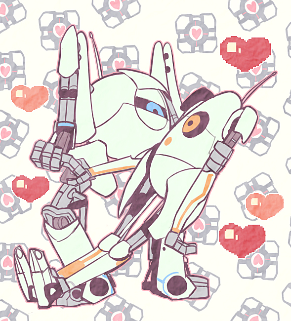 atlas_(portal) black_sclera blue_eyes colored_sclera couple eye_contact full_body half-closed_eyes hand_up heart holding_hands leaning looking_at_another no_humans non-humanoid_robot one-eyed orange_eyes outline p-body pink_outline portal_(series) robot sanjiro_(tenshin_anman) standing aperture_science_weighted_companion_cube