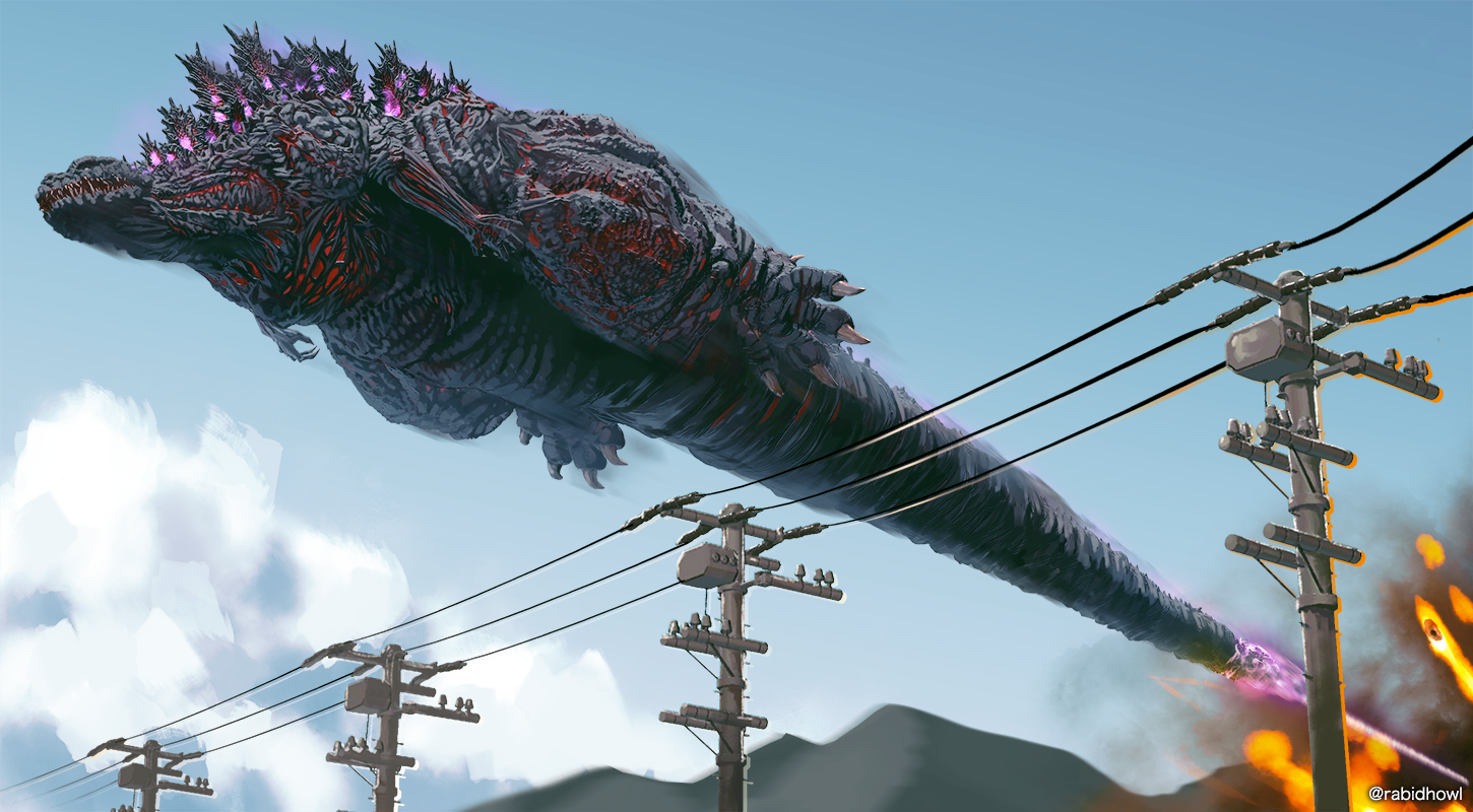 cloud dinosaur energy energy_beam epic explosion fire flying giant giant_monster glowing godzilla godzilla_(series) godzilla_(shin) hanekura_bou kaiju monster multiple_heads plasma plasma_beam power_lines sharp_teeth shin_godzilla sky tail_beam tail_head teeth toho what
