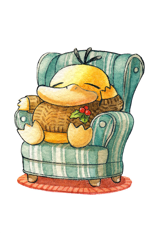 armchair brown_sweater chair closed_eyes commentary english_commentary gen_1_pokemon hand_up holly long_sleeves nintendo no_humans oliver_hamlin on_chair painting_(medium) pokemon pokemon_(creature) psyduck rug simple_background sitting sleeping sleeping_upright solo sweater traditional_media watercolor_(medium) white_background
