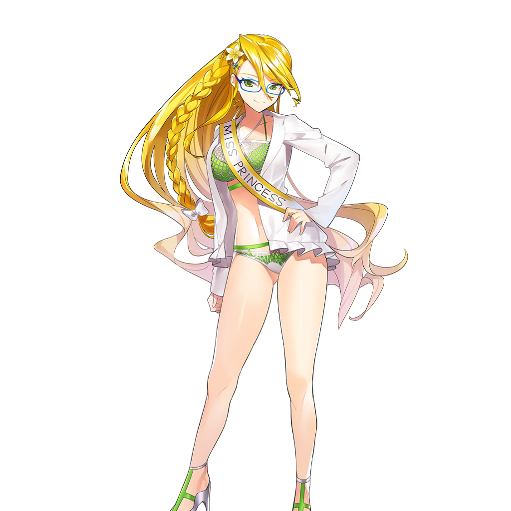 1girl bikini blonde_hair braid breasts flower glasses green_bikini green_sandals hair_flower hair_ornament high_heel_sandals jacket large_breasts long_hair masyu_yuyu sandals single_braid swimsuit tasuki torte_zief uchi_no_hime-sama_ga_ichiban_kawaii white_jacket yellow_eyes