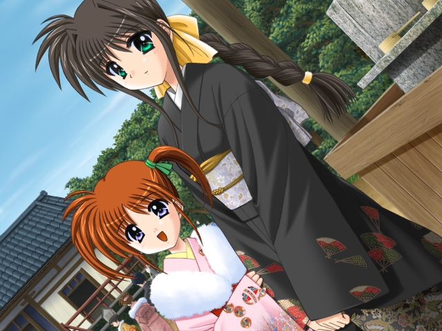 00s 2girls :d architecture black_hair bow braid brown_hair clothes_grab day dutch_angle east_asian_architecture fur_trim game_cg green_eyes hair_bow hair_tie japanese_clothes kimono looking_at_viewer lyrical_nanoha multiple_girls obi open_mouth outdoors purple_eyes sash shrine siblings side_ponytail single_braid sisters sleeve_grab smile takamachi_miyuki takamachi_nanoha triangle_heart triangle_heart_3 tsuzuki_maki