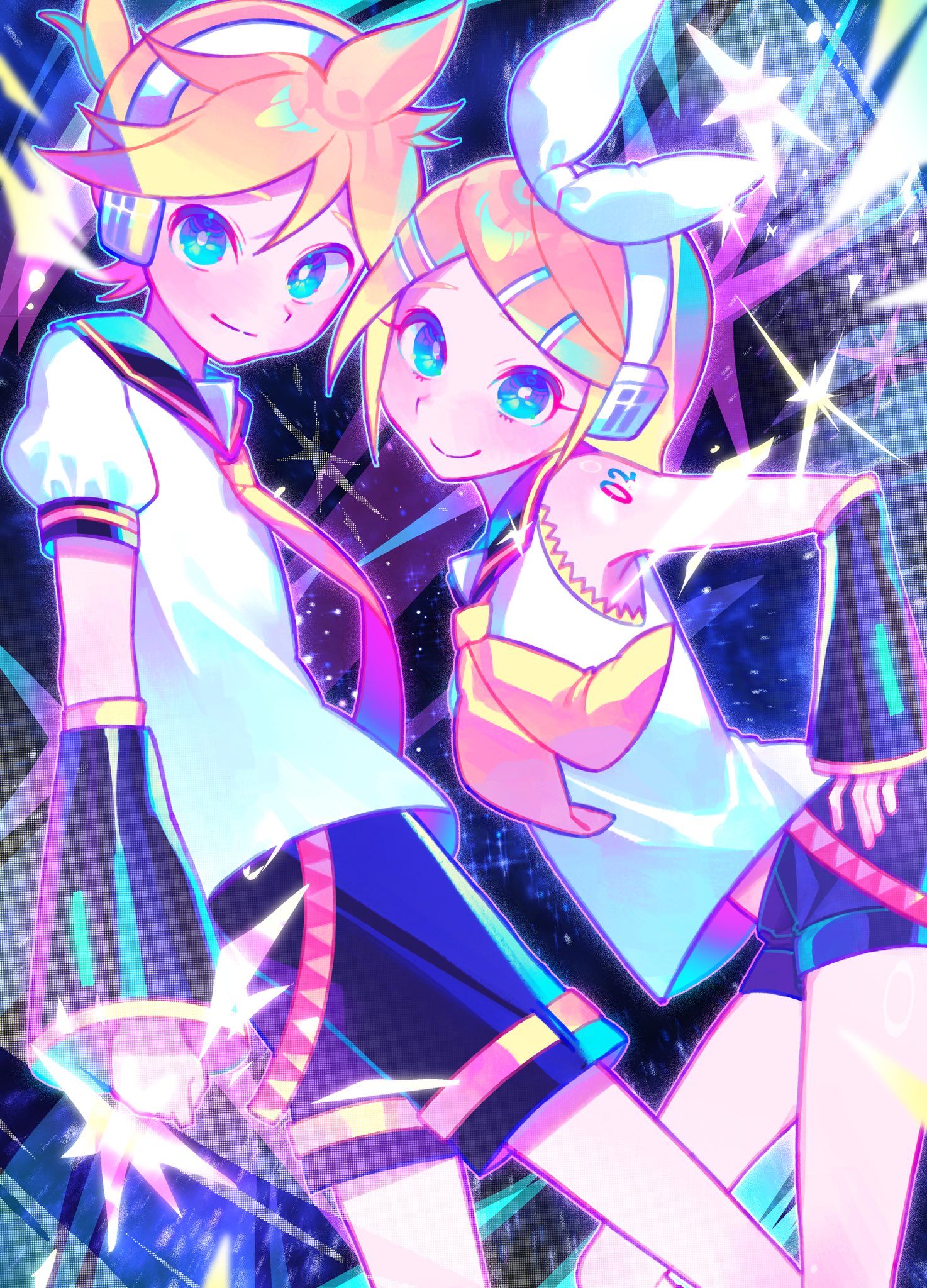 1boy 1girl ahoge aqua_eyes arched_back belt black_sailor_collar black_shorts black_sleeves blonde_hair bow bright_pupils brother_and_sister cheek-to-cheek detached_sleeves earphones eyelashes flat_chest hair_bow hair_ornament hairclip hand_on_own_hip heads_together headset highres iro_(mywife_sunny) kagamine_len kagamine_rin looking_at_viewer midriff_peek narrow_waist neckerchief necktie neon_palette number_tattoo orange_belt parallel_hairclips ponytail sailor_collar shirt short_hair short_ponytail short_shorts short_sleeves shorts shoulder_tattoo siblings skinny sleeveless sleeveless_shirt smile sparkle swept_bangs tattoo twins vocaloid white_bow white_pupils white_shirt wide_sleeves yellow_neckerchief yellow_necktie