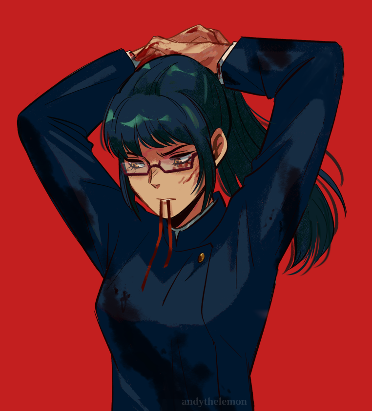 1girl andythelemon arms_up black_hair blood blood_on_clothes blood_on_face blood_on_hands eyebrows eyelashes female_focus furrowed_brow glasses jujutsu_kaisen jujutsu_tech_uniform long_hair long_sleeves ponytail red_background ribbon simple_background solo tying_hair yellow_eyes zen&#039;in_maki