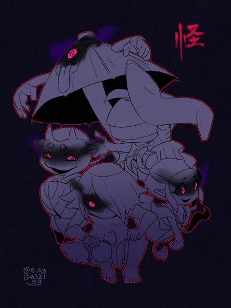 10s artist_name cyclops dated gourd hair_over_one_eye kappa kappa_(youkai_watch) kappa_kai karakasa_obake karakasa_obake_(youkai_watch) karakasa_obake_kai kudan_(youkai_watch) kudan_kai long_tongue mermaid monochrome monster_girl ningyo_(youkai_watch) ningyo_kai oil-paper_umbrella one-eyed open_mouth pink_eyes sg_(suuchan) sitting spot_color tongue tongue_out twitter_username umbrella traditional_youkai youkai_watch youkai_watch_2 zashikiwarashi_(youkai_watch) zashikiwarashi_kai