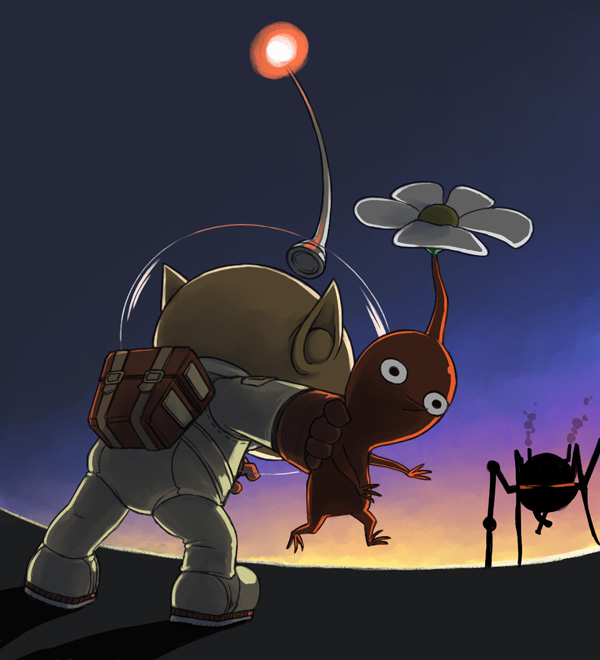1boy backpack bag black_eyes blue_sky bug colored_skin commentary_request creature fighting_stance flower from_behind full_body gloves helmet holding holding_creature man-at-legs naru_(wish_field) nintendo no_mouth olimar patch pikmin_(creature) pikmin_(series) pointy_ears pointy_nose radio_antenna red_bag red_gloves red_light red_pikmin red_skin sky smoke space_helmet spacesuit spider sunlight sunset white_flower