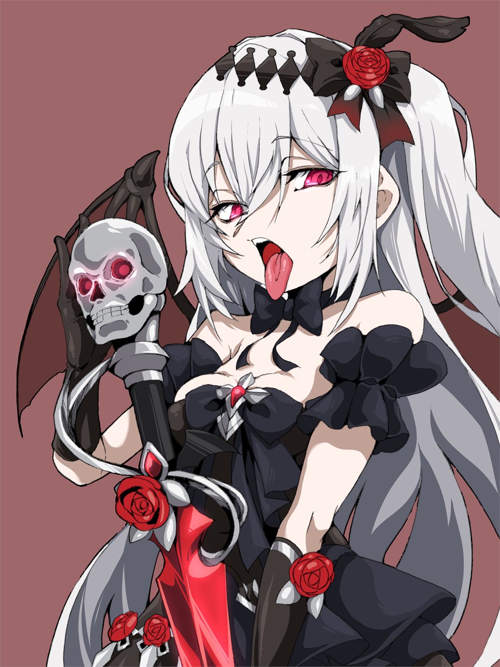 1girl b-kyuu_ocha bare_shoulders bat_wings black_bow black_bowtie black_dress black_gloves bow bowtie breasts commission demon_girl dress flower gloves hair_flower hair_ornament highres long_hair looking_at_viewer mare_(ac8231) medium_breasts naked_bowtie open_mouth original red_background red_eyes red_flower red_rose rose simple_background skeb_commission skull solo tongue tongue_out weapon white_hair wings