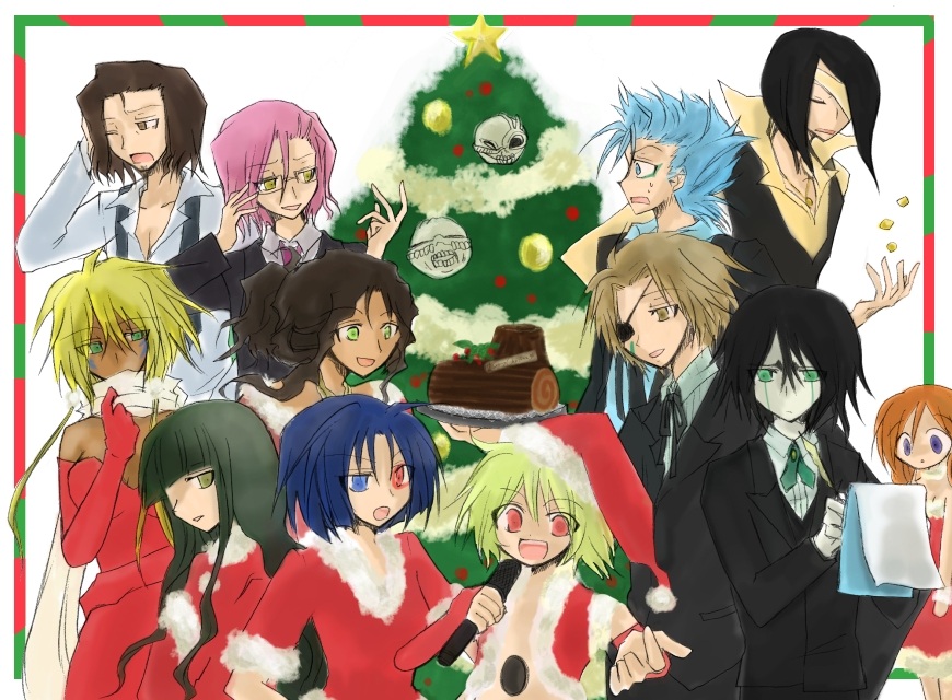 10sumika aaroniero_arruruerie aqua_eyes arrancar black_hair bleach blonde_hair blue_hair brown_hair christmas christmas_tree coyote_starrk cyan_sung-sun dark_skin dress elbow_gloves emilou_apacci eyepatch facial_mark fingerless_gloves food formal_clothes franceska_mila_rose fur_trim glasses gloves green_eyes grimmjow_jaegerjaquez heterochromia inoue_orihime lilynette_gingerbuck log mask microphone nnoitra_gilga pale_skin pink_eyes pink_hair purple_eyes red_dress scarf star_(symbol) suit szayelaporro_granz tesra_lindocruz tier_harribel ulquiorra_cifer