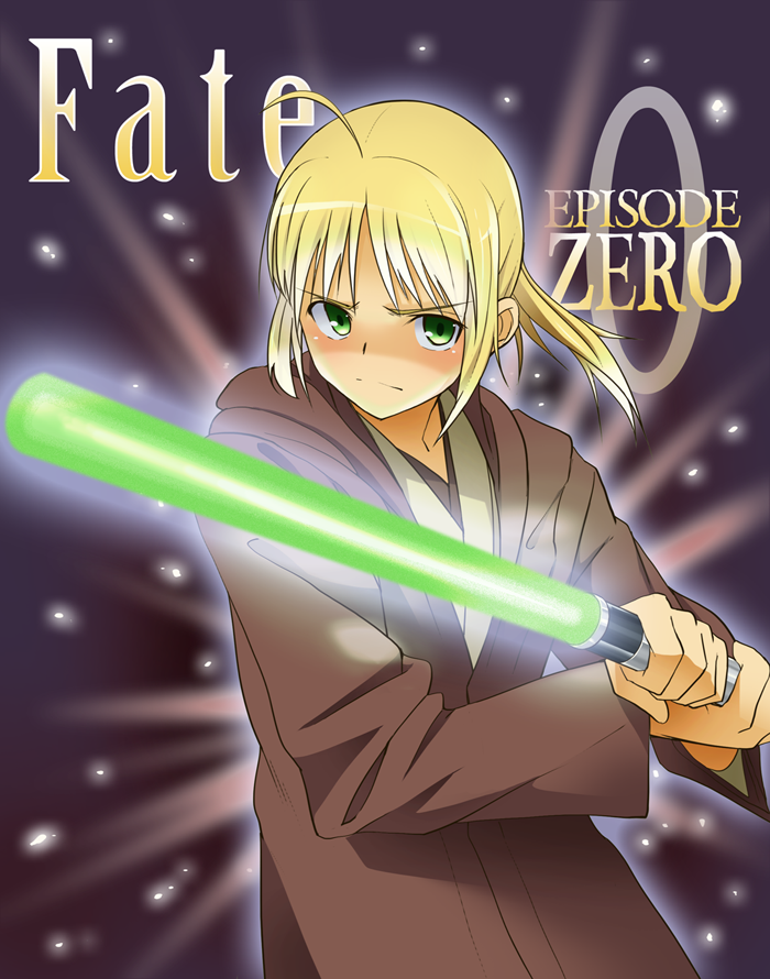 1girl ahoge artoria_pendragon_(fate) blonde_hair cosplay energy_sword fate/zero fate_(series) female_focus green_eyes jedi kosuke_haruhito lightsaber long_hair name_connection obi-wan_kenobi obi-wan_kenobi_(cosplay) parody ponytail pun qui-gon_jin robe saber_(fate) solo star_wars sword weapon