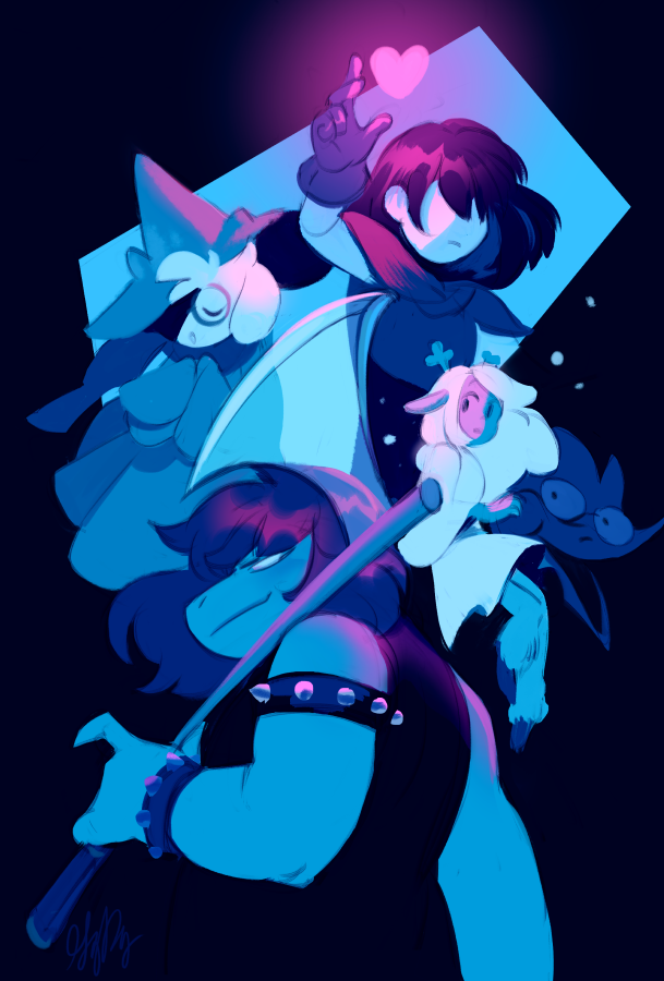 1other 2boys 2girls animal_ears antlers armlet axe berdly_(dark_world)_(deltarune) berdly_(deltarune) bracelet cloak deer_girl deltarune gigi_d.g. gloves glowing goat_ears goat_horns hat heart hooves horns jewelry kris_(dark_world)_(deltarune) kris_(deltarune) looking_at_viewer monochrome multiple_boys multiple_girls noelle_holiday noelle_holiday_(dark_world) over_shoulder ralsei smile spiked_armlet spiked_bracelet spikes susie_(dark_world)_(deltarune) susie_(deltarune) vest weapon weapon_over_shoulder wizard_hat