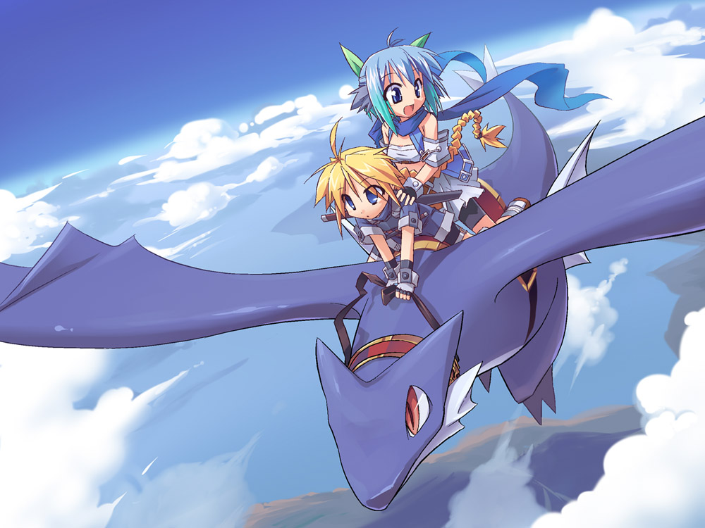 2girls ahoge bike_shorts blonde_hair blue_eyes blue_hair borrowed_character cloud day dragon flying girl_with_a_blonde_braid_(tomoshibi_hidekazu) mof multiple_girls multiple_riders original pixiv_fantasia pixiv_fantasia_2 redrantem redrantem&#039;s_orange_haired_girl riding sky skywind_ehrhardt tomoshibi_hidekazu