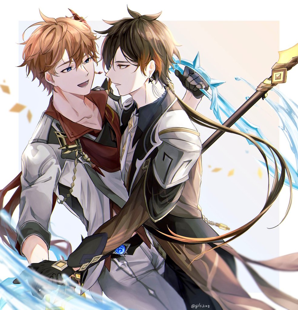 genshin_impact holding holding_weapon hydrokinesis tartaglia_(genshin_impact) twitter vortex_vanquisher_(genshin_impact) water weapon white_background zhongli_(genshin_impact)