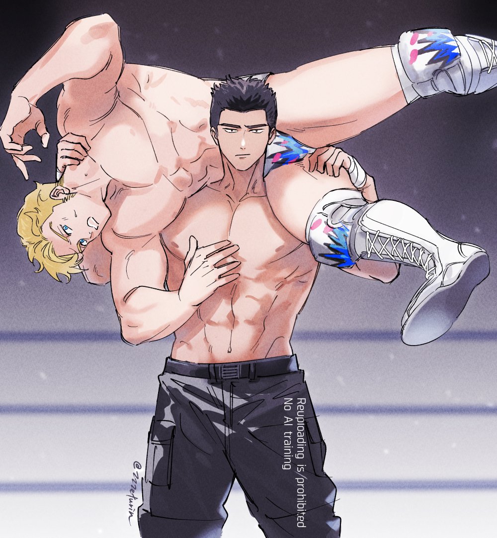2boys abs ao_isami bara black_hair blonde_hair blue_eyes commentary cross-laced_footwear knee_pads lewis_smith maji_(m) male_focus multiple_boys muscular muscular_male navel nipples pectorals short_hair symbol-only_commentary topless_male twitter_username wrestling wrestling_ring yuuki_bakuhatsu_bang_bravern