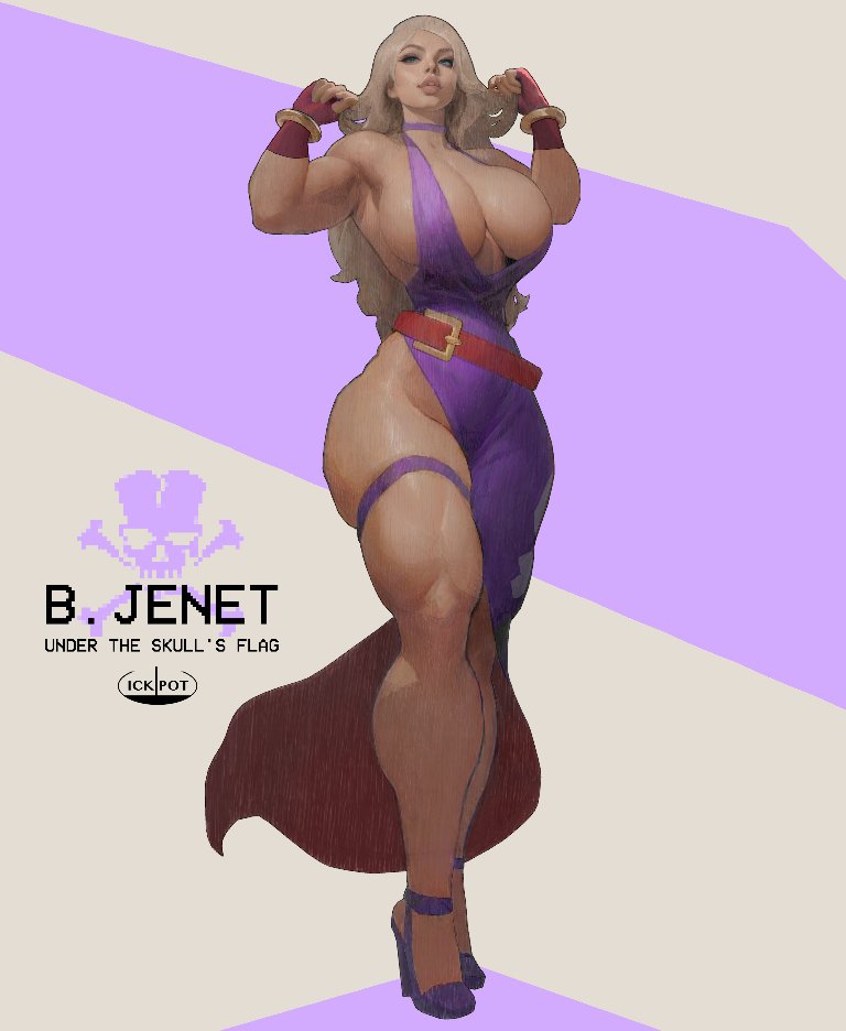 1girl asymmetrical_dress belt blonde_hair bracer breasts cleavage dress fingerless_gloves full_body gloves high_heels ickpot b._jenet long_hair looking_up muscular muscular_female narrow_waist side_slit sideboob simple_background smile solo standing the_king_of_fighters thick_thighs thigh_strap thighs