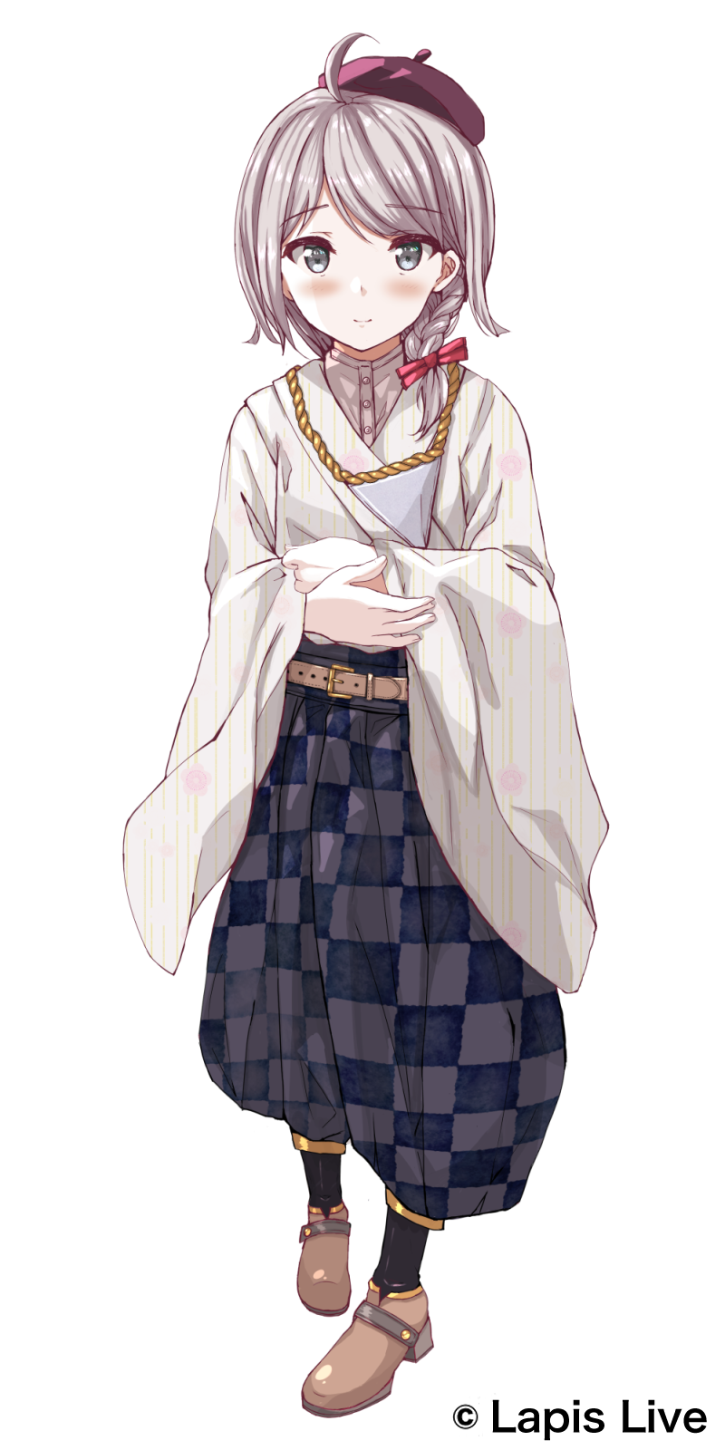 1girl baggy_pants belt beret braid brown_belt brown_shoes checkered_clothes checkered_pants commentary_request full_body fushimi_asuha grey_eyes grey_hair hair_ribbon hat highres lapis_live medium_hair obake_rei pants red_hat red_ribbon ribbon shoes simple_background single_braid solo virtual_youtuber white_background