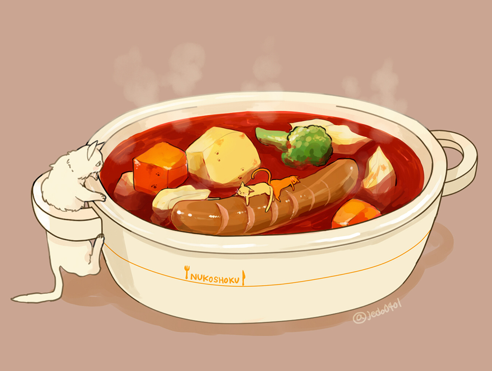 artist_name broccoli carrot_slice cat food food_focus grey_background hakuchizu no_humans original potato sausage simple_background steam stew undersized_animal vegetable