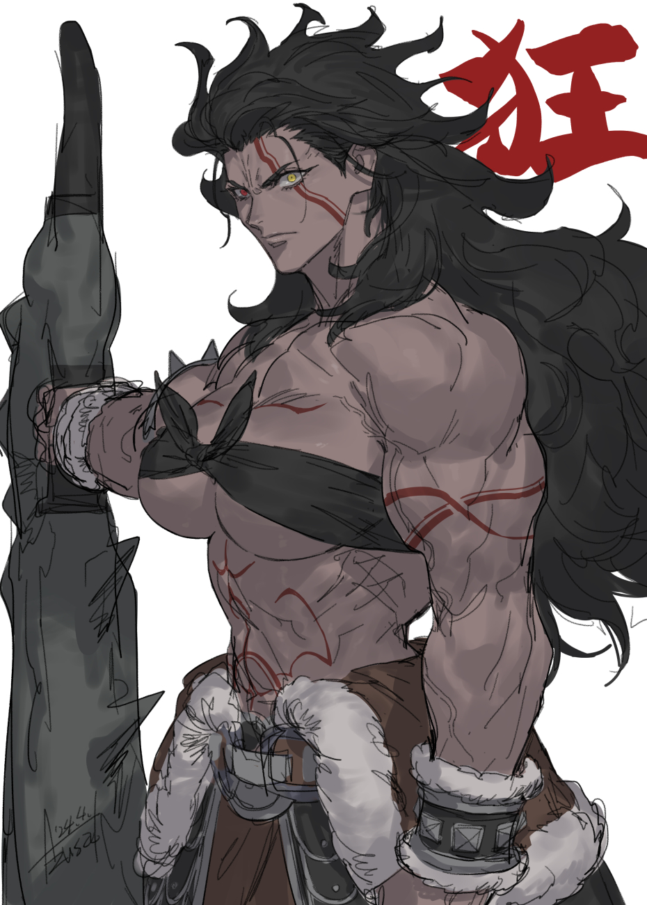 axe azusa_(hws) black_hair breasts dark-skinned_female dark_skin fate_(series) genderswap genderswap_(mtf) heracles_(fate) heterochromia highres holding holding_axe large_breasts loincloth long_hair muscular muscular_female red_eyes signature tattoo unfinished wrist_cuffs yellow_eyes
