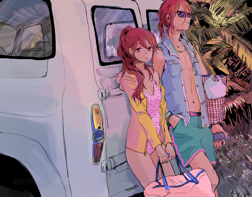 1boy 1girl brother_and_sister casual_one-piece_swimsuit free! jacket jewelry long_hair matsuoka_gou matsuoka_rin necklace off_shoulder one-piece_swimsuit pau ponytail red_eyes red_hair short_hair shorts siblings summer sunglasses swimsuit