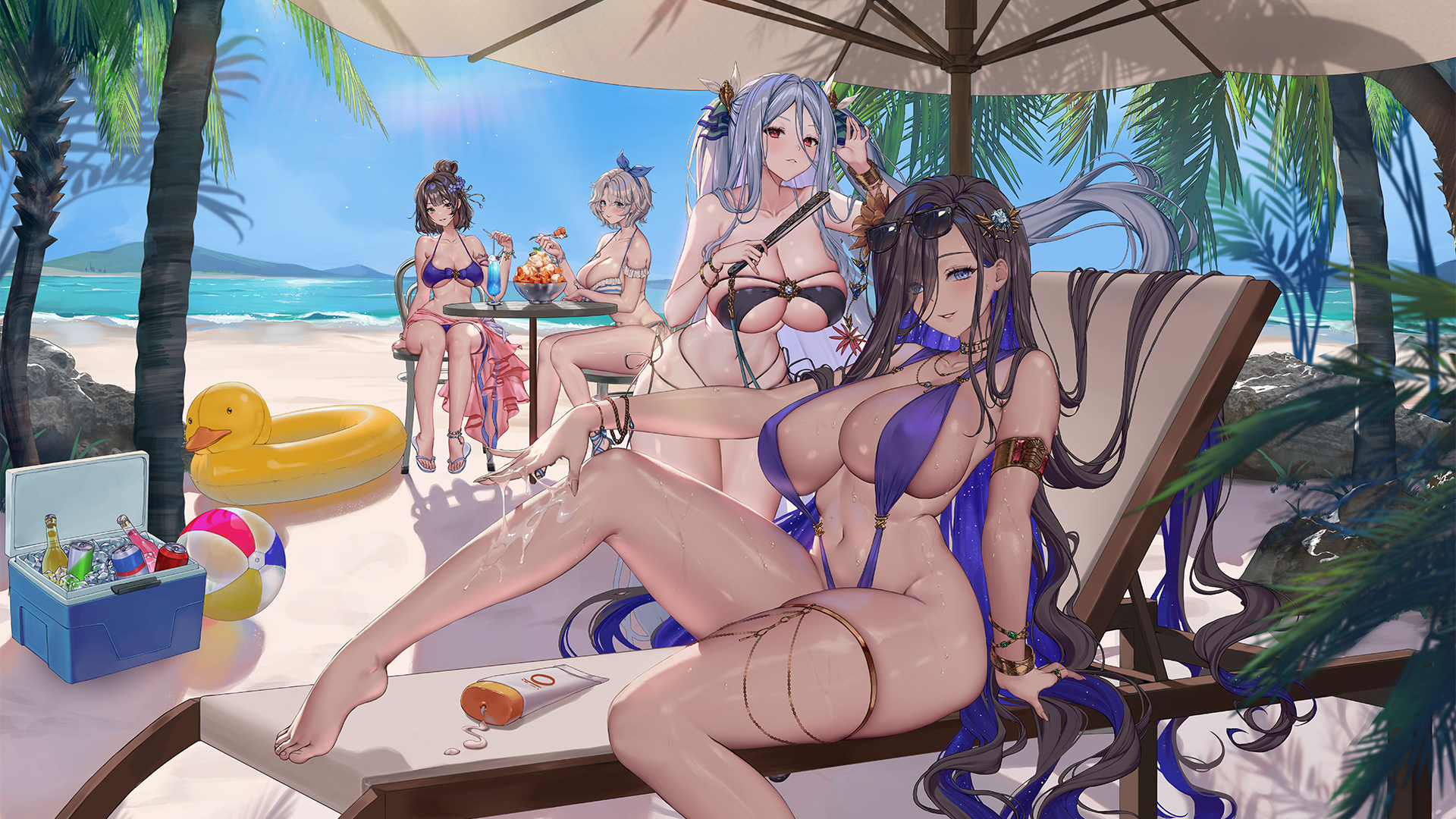 4girls adjusting_hair applying_sunscreen armlet armpits ball beach beach_chair beach_umbrella beachball bikini black_bikini blue_bikini blue_eyes blue_ribbon bracelet breasts brown_dust_(series) brown_dust_2 can cocktail_glass cooler cup drink_can drinking_glass drinking_straw duck_innertube eclipse_(beach_vacation)_(brown_dust_2) eclipse_(brown_dust_2) eyewear_on_head food full_body groin hair_between_eyes hair_ornament hair_over_one_eye hair_ribbon hair_spread_out hand_fan highres holding holding_fan holding_spoon huge_breasts ice ice_cream ice_cream_cup ice_cube jewelry large_breasts light_blush lips long_hair looking_at_viewer lotion morphea_(brown_dust) mountainous_horizon multiple_girls navel necklace ocean official_art official_wallpaper palm_tree purple_slingshot_swimsuit red_eyes ribbon scheherazade_(brown_dust) scheherazade_(pool_party)_(brown_dust) second-party_source shadow simple_background sitting skindentation slingshot_swimsuit soda_can spoon sunglasses sunscreen swimsuit teresse_(beachside_angel)_(brown_dust) teresse_(brown_dust) tree twintails umbrella underboob very_long_hair white_sand