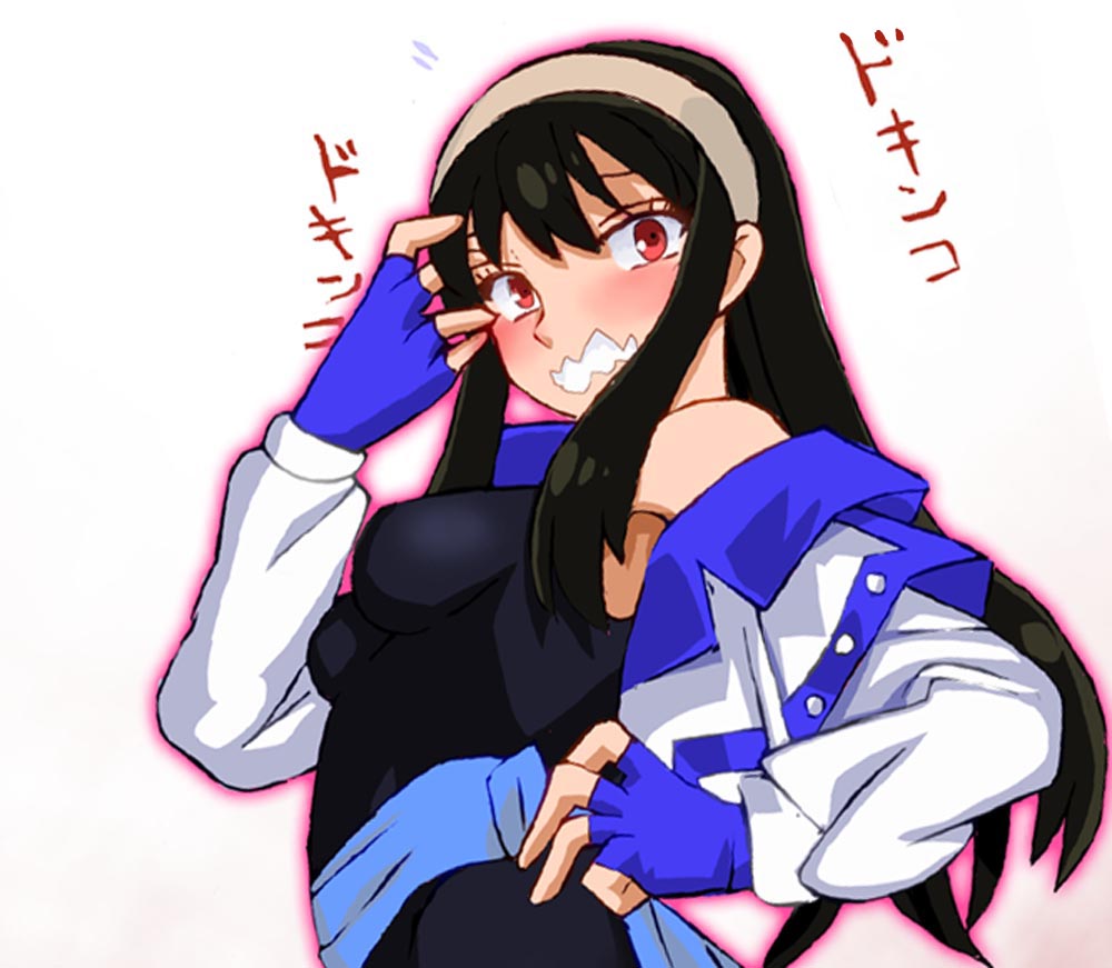 1girl alternate_costume black_hair blush bodysuit bow breasts cosplay gear_senshi_dendou hair_bow jacket medium_breasts smile solo spy_x_family standing straight_hair upper_body vega_(dendoh) vega_(dendoh)_(cosplay) white_jacket yor_briar