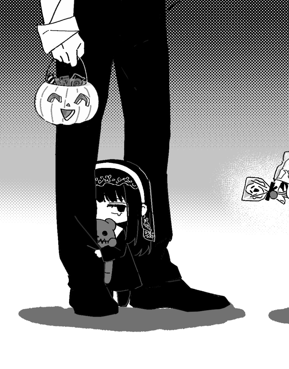 1girl 1other 5a1_uei black_dress black_hair black_pants black_shoes chibi corrupted_twitter_file dithered_background dress full_body gradient_background halloween hiding hiding_behind_another highres holding holding_pumpkin holding_teddy_bear long_hair long_sleeves looking_at_another lower_body monochrome osaragi_(sakamoto_days) pants pumpkin sakamoto_days shadow shoes standing teardrop veil