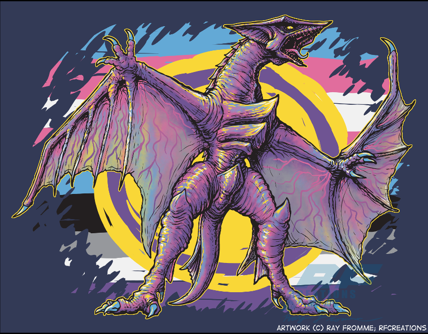 artist_name beak clawed_wings crest daiei_film dewclaw fins fish_tail gamera:_guardian_of_the_universe gamera_(series) giant giant_monster gyaos kaiju lgbt_pride looking_at_viewer looking_down monster no_humans open_mouth pride_flag pride_month ray_fromme roaring sharp_teeth signature slit_pupils super_gyaos tail talons teeth tongue veins veiny_wings wings yellow_eyes