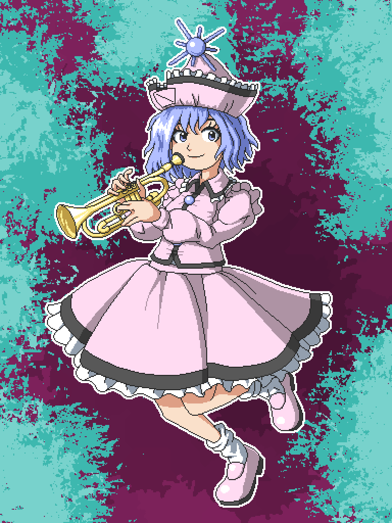 1girl aksawshin asymmetrical_hair blue_eyes blue_hair hat instrument light_blue_hair long_sleeves mary_janes merlin_prismriver music perfect_cherry_blossom pink_hat pink_shirt pink_shoes pink_skirt playing_instrument shirt shoes skirt skirt_set socks solo touhou trumpet