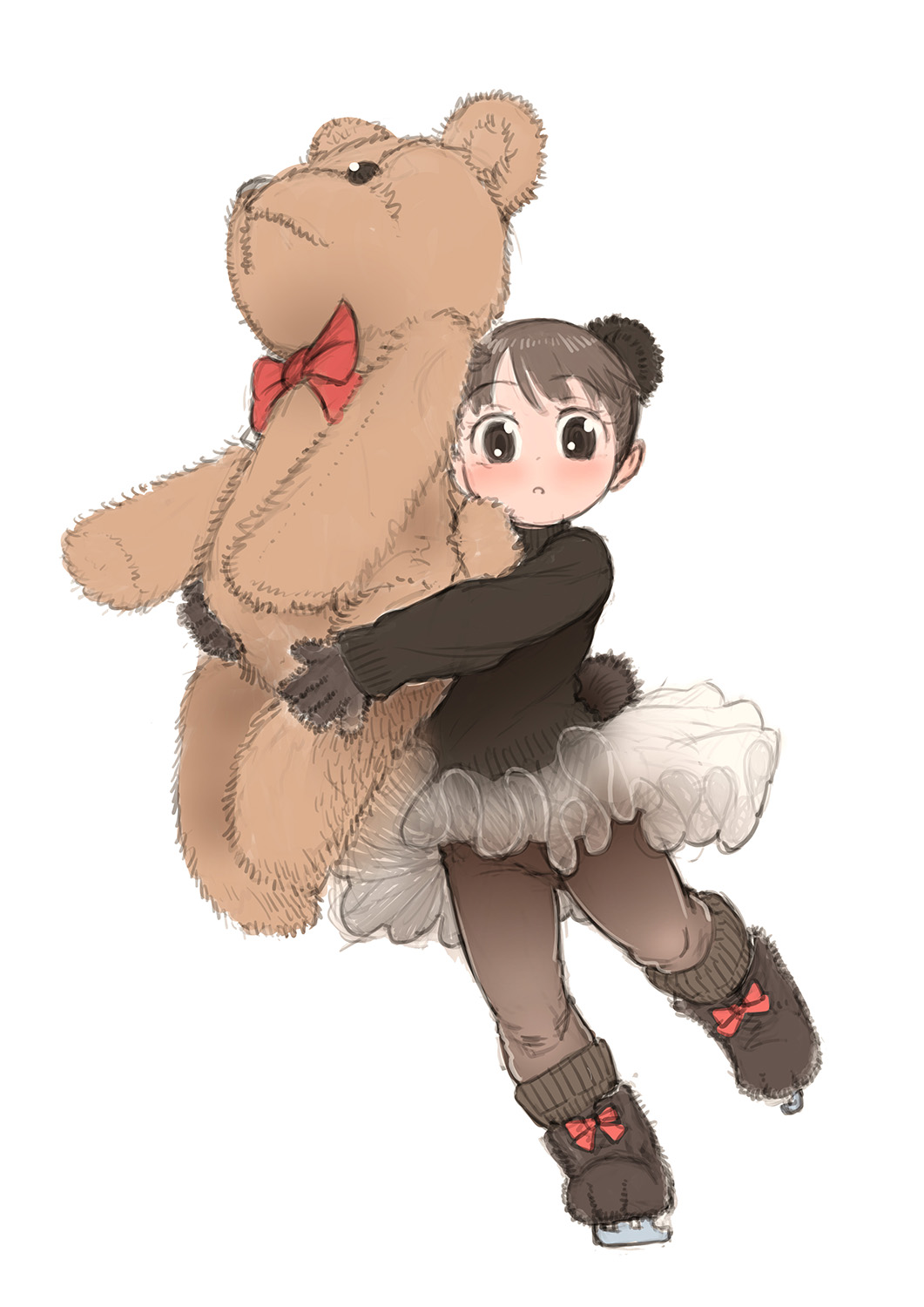 1girl animal_ears bear_ears bear_tail black_eyes black_hair black_mittens black_sweater child feral_lemma full_body highres holding holding_stuffed_toy ice_skates long_sleeves looking_at_viewer mittens original short_hair simple_background skates solo stuffed_animal stuffed_toy sweater tail teddy_bear white_background