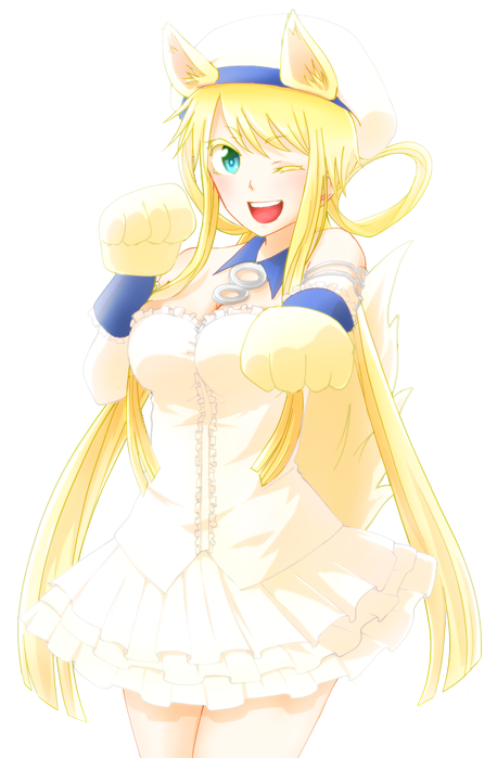10s 1girl blonde_hair breasts choker cleavage frills gloves green_eyes hat inu_to_hasami_wa_tsukaiyou long_hair maxi_akizuki one_eye_closed open_mouth simple_background skirt tail wink