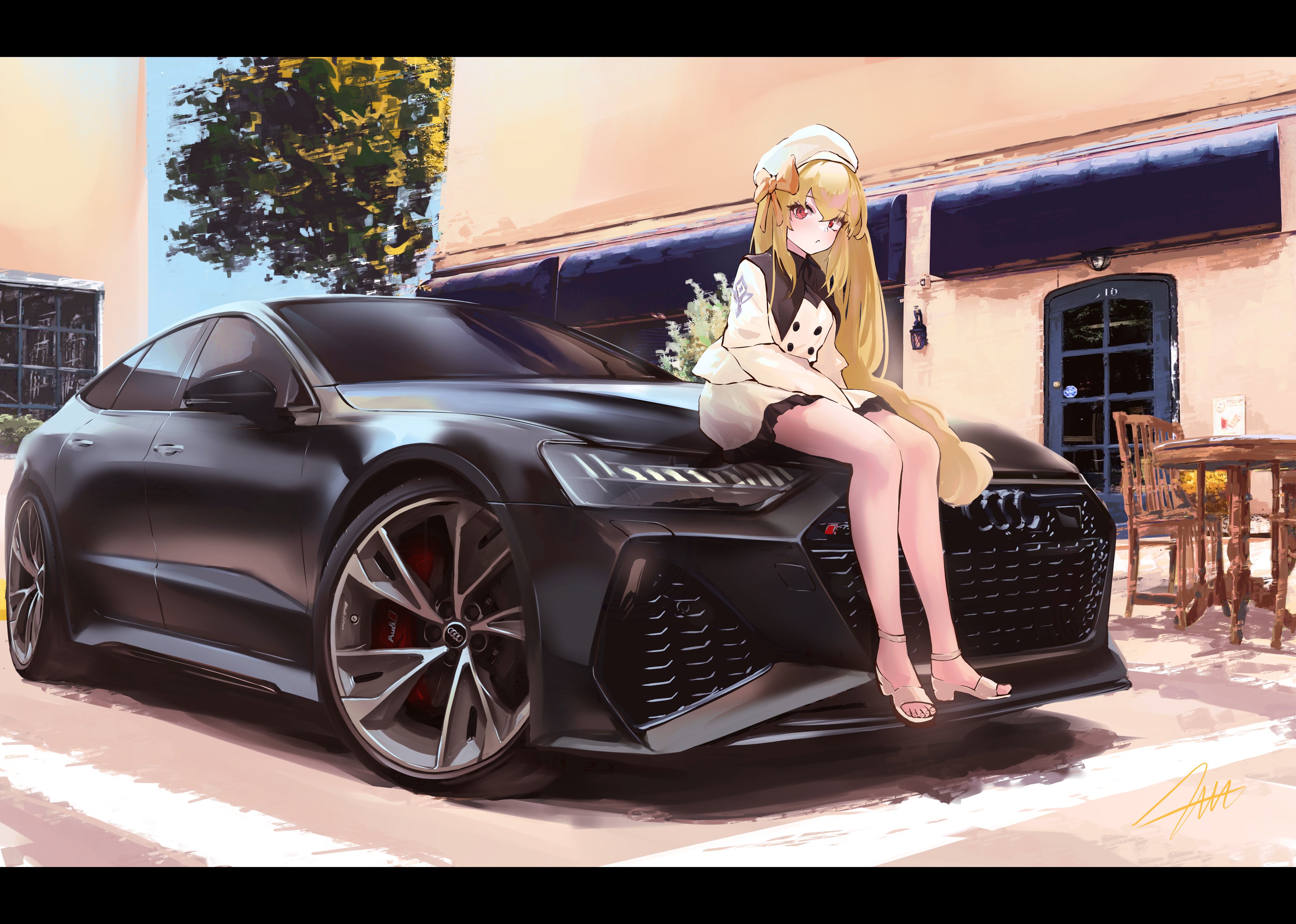 1girl absurdres audi audi_rs5 beret black_car blonde_hair bow car commentary commission dress english_commentary hair_bow hat highres letterboxed long_hair looking_at_viewer motor_vehicle nougat_(no_9ada) on_car orange_bow original outdoors red_eyes sandals shadow signature sitting solo tree very_long_hair white_dress white_hat