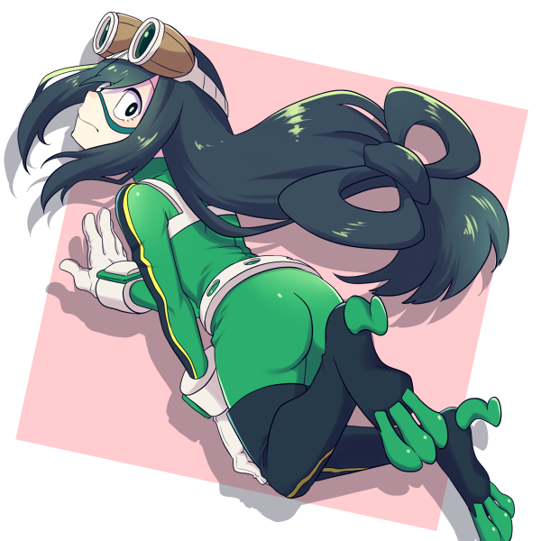 1girl artist_request ass asui_tsuyu asui_tsuyu_(hero_outfit) black_eyes bodysuit boku_no_hero_academia female_focus gloves goggles goggles_on_head green_bodysuit green_hair long_hair looking_at_viewer looking_back low-tied_long_hair solo split-toe_footwear superhero_costume white_gloves