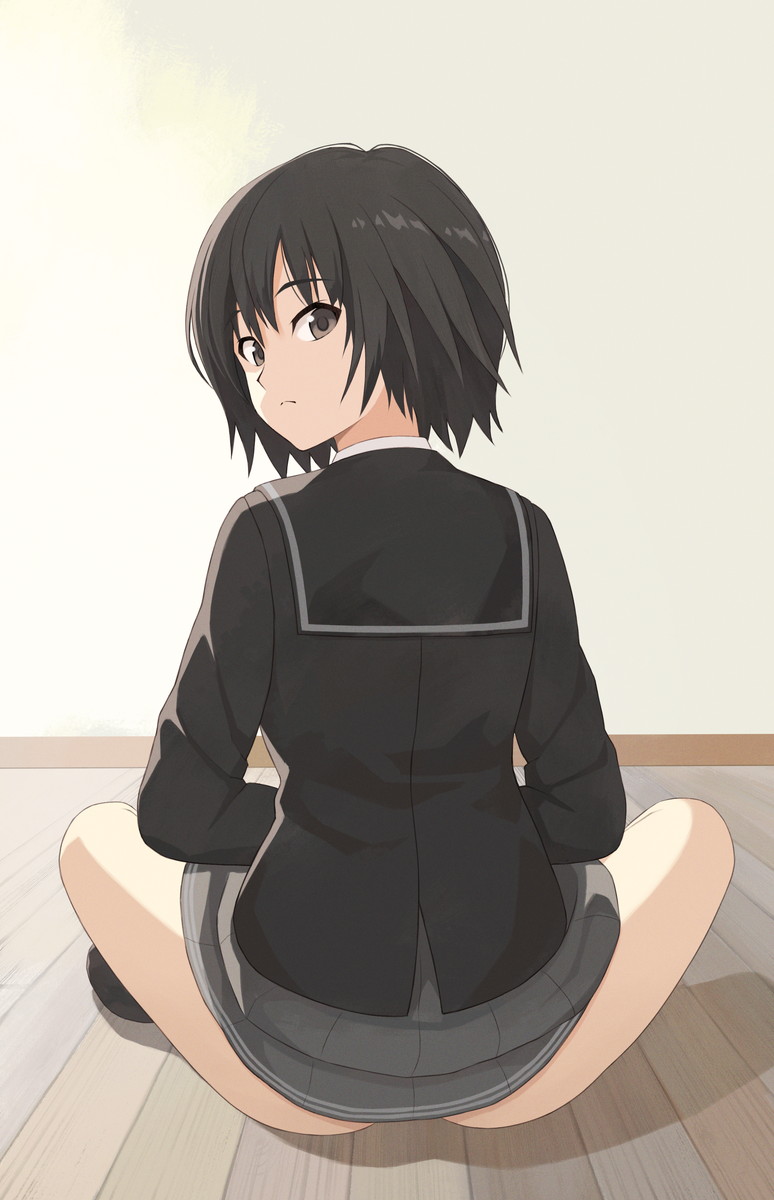 1girl amagami ass black_eyes black_hair black_jacket black_sailor_collar blazer botan_m closed_mouth clothes_lift commentary_request from_behind full_body grey_skirt highres indian_style indoors jacket kibito_high_school_uniform long_sleeves looking_at_viewer looking_back nanasaki_ai paid_reward_available pleated_skirt sailor_collar school_uniform shirt_lift short_hair sitting skirt solo winter_uniform wooden_floor