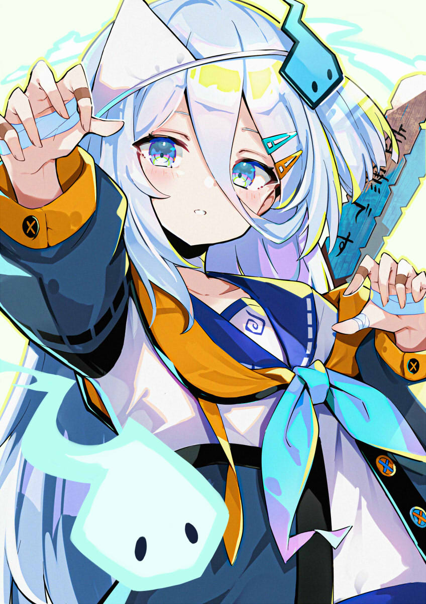 1girl aqua_neckerchief bandages blue_eyes blue_hair buttons collarbone ghost_girl ghost_hair_ornament hand_up highres jacket light_blush looking_at_viewer neckerchief omochishiki open_clothes open_jacket parted_lips solo suzutuki_sui teeth translation_request upper_body varium virtual_youtuber