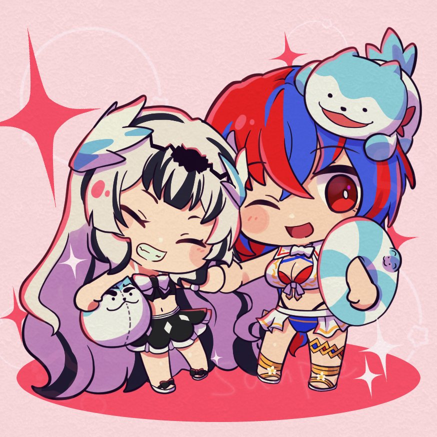 1other 2girls female_alear_(fire_emblem) bikini blue_bikini character_ball criss-cross_halter female_alear_(fire_emblem) female_alear_(seaside_dragon)_(fire_emblem) fire_emblem fire_emblem_engage fire_emblem_heroes gold_armlet gold_thighlet halterneck multicolored_bikini multicolored_hair multiple_girls nintendo official_alternate_hairstyle okomekbt red_bikini showgirl_skirt sommie_(fire_emblem) split-color_hair swimsuit veyle_(fire_emblem) white_bikini