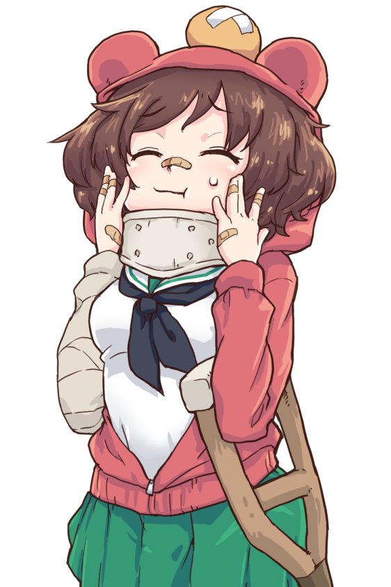 1girl :t akiyama_yukari bandages bandaid blush brown_hair closed_eyes crutch female_focus girls_und_panzer green_skirt head_bump hood hoodie long_sleeves monolith_(suibou_souko) neck_brace neckerchief ooarai_school_uniform pleated_skirt sailor_collar school_uniform short_hair skirt solo sweatdrop unzipped white_background