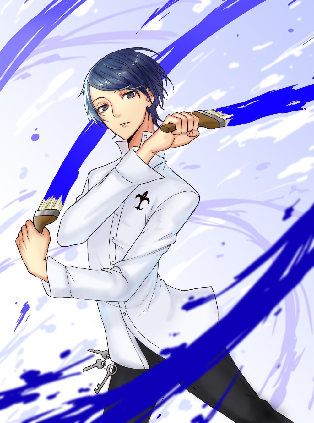 1boy blue_eyes blue_hair highres holding holding_paintbrush key kitagawa_yuusuke male_focus monotsuki paint paintbrush painting_(action) persona persona_5 shirt solo_focus white_shirt