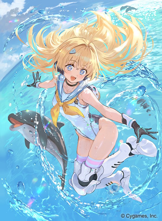 1girl ahoge android blonde_hair blue_eyes collarbone dolphin fang full_body groin hair_intakes hair_ornament long_hair mechanical_gloves mechanical_legs neckerchief ocean official_alternate_costume one-piece_swimsuit open_mouth ponzu_(catponz) ralmia_(shadowverse) sailor_collar shadowverse sky solo striped_clothes striped_thighhighs swimsuit thighhighs water