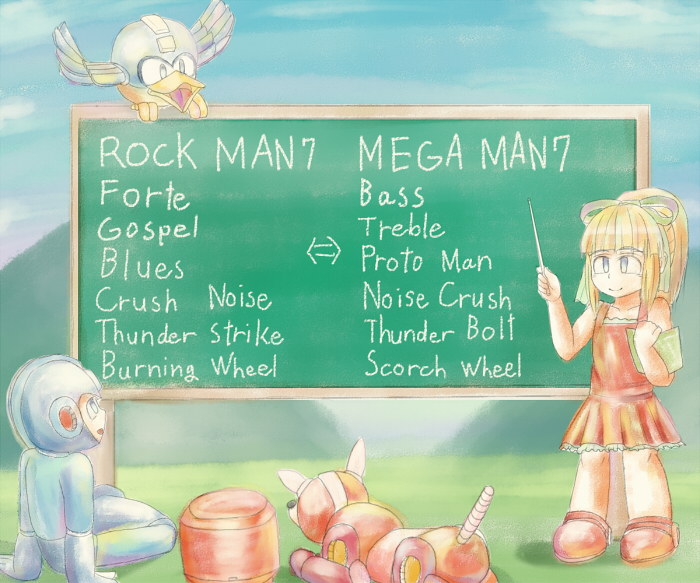 1boy 1girl bass_(mega_man) beat_(mega_man) bird blonde_hair blue_eyes capcom day dog helmet mega_man_(character) mega_man_(classic) mega_man_(series) mega_man_7 outdoors ponytail red_skirt robot robot_ears roll_(mega_man) rush_(mega_man) sitting skirt standing