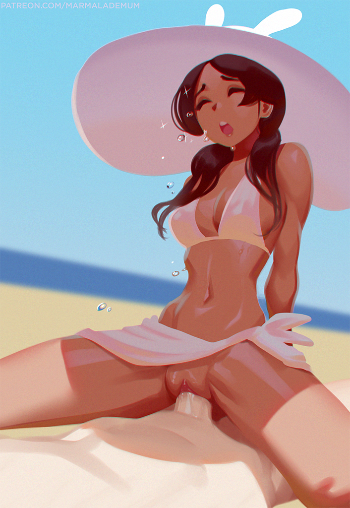 1boy 1girl animal_ears animal_hat beach bikini bikini_top_only black_hair blue_sky borrowed_character breasts closed_eyes clothed_female_nude_male clothed_sex commentary cowgirl_position dark-skinned_female dark_skin day english_commentary fake_animal_ears female_orgasm girl_on_top hair_over_shoulder hat hetero horizon interracial lorena_(witch_bunny) marmalade_mum medium_breasts navel nude ocean orgasm original outdoors penis pussy pussy_juice rabbit_hat sarong sex sky solo_focus straddling sweat swimsuit tan tanline teeth uncensored upper_teeth_only vaginal white_bikini white_legwear witch_bunny witch_hat