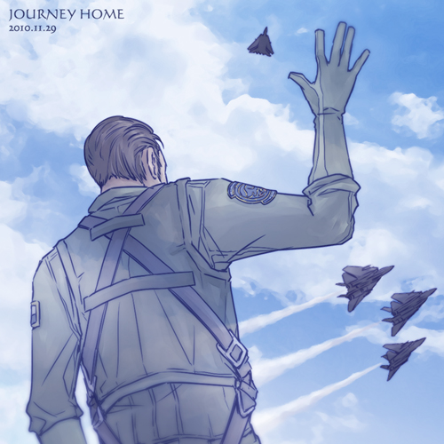 1boy a-chako ace_combat ace_combat_5 aircraft airplane alvin_h_davenport belt blue_sky brown_hair cloud cloudy_sky day f-14_tomcat facial_hair fighter_jet gloves long_sleeves lowres military military_uniform military_vehicle pilot pilot_suit sky waving waving_arm